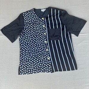 TanJay Button Up Blouse Womens 10 Black White Mixed Geometric Print Vintage Art